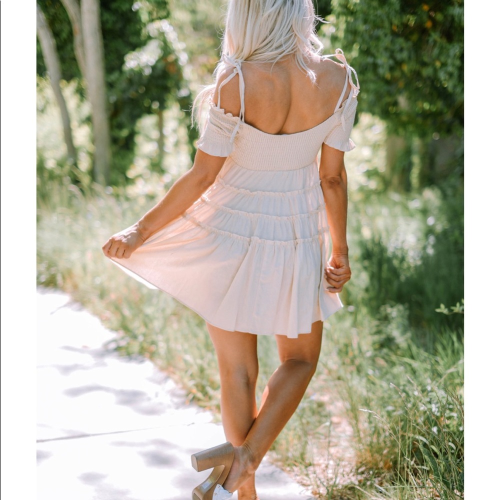 Boutique dress - Off Shoulder Smocked Bodice Babydoll Dress Taupe